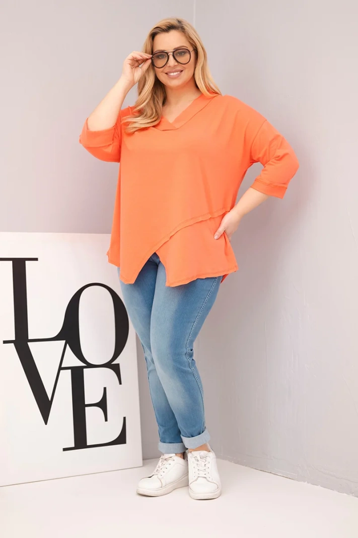 Plus Size women's cotton blouse with a deep V-neck and asymmetrical hem peach