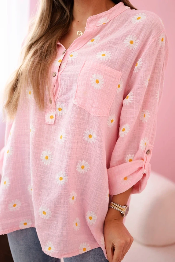 Linen Women's Blouse with Floral Pattern, Long Sleeves, and Buttons Candy Pink