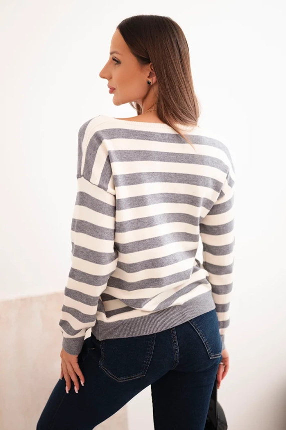 Women's striped sweater with a V-neck gray