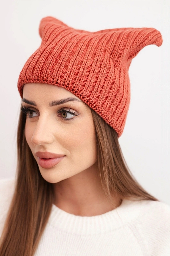 Women's winter hat with wool in a cat style made of ribbed knit K419 rusty