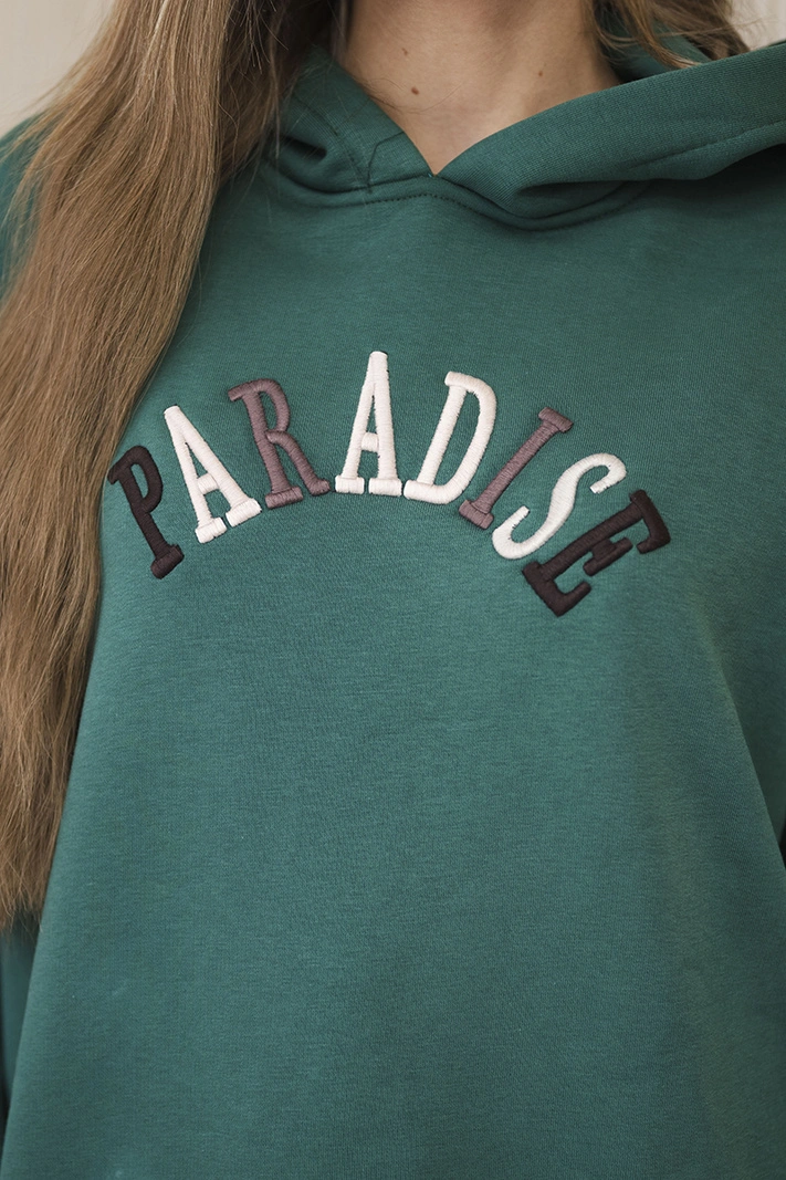 Cotton set with embroidered inscription Paradise green