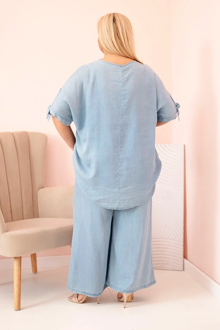 Damen-Set in Plus Size aus Tencel, Bluse mit Bindung und weite Hose helles Denim