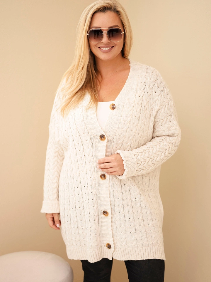 Kardigan damski Plus Size z guzikami i wzorem warkoczowym beżowy