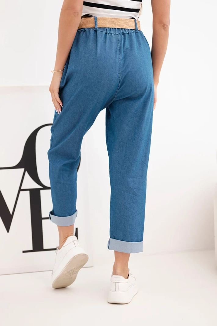 Women's pants with a rolled-up hem and a belt dark denim