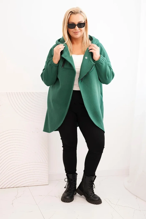 Bluza damska Plus Size ocieplana z kapturem i asymetrycznym zamkiem ciemno zielona