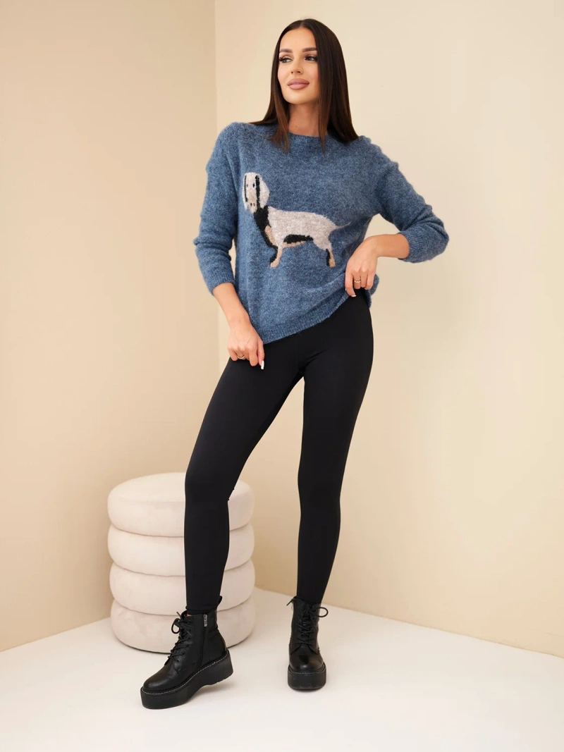 Women's sweater with a dachshund pattern and a round neckline denim