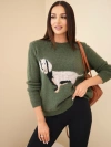 Damenpullover mit Dackelmotiv und rundem Ausschnitt khaki