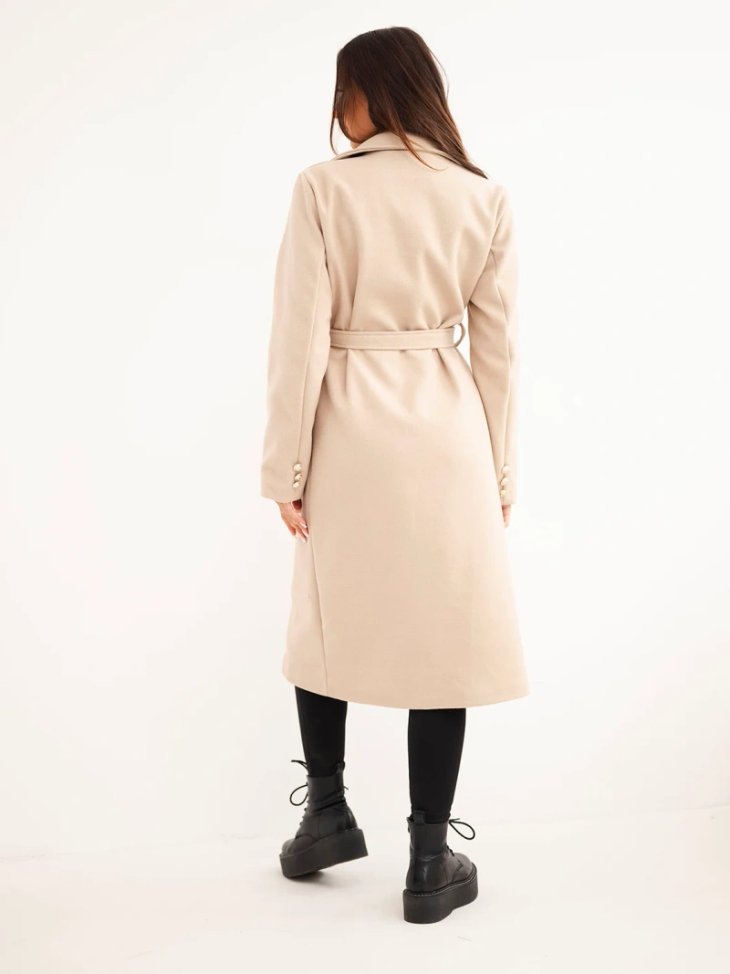 A coat women's with a belt double-breasted beige