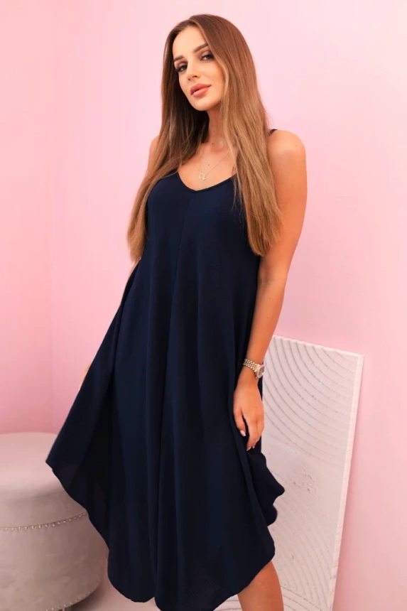 Dámské šaty s rozšířenými ramínky s asymetrickým lemem navy blue