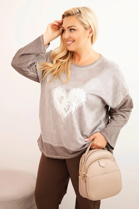 Dámska mikina Plus Size bavlnená s potlačou srdca a šnúrkami hnedá