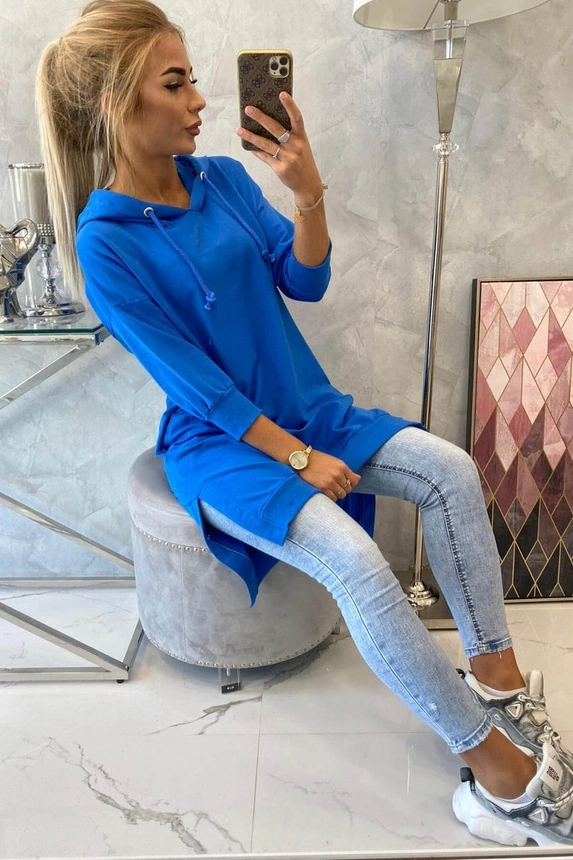 Dress with a hood and longer back mauve-blue