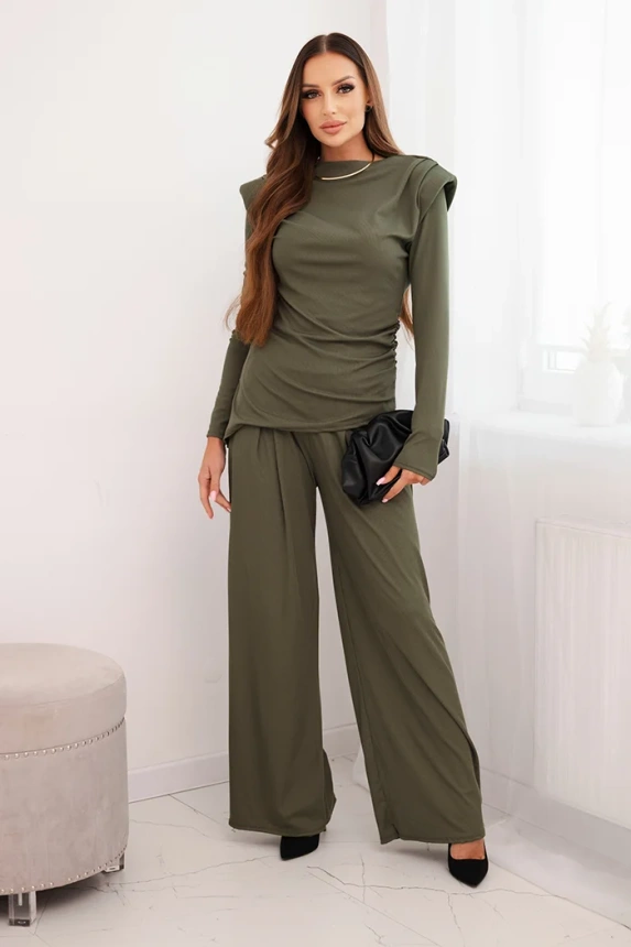 Damen Baumwollset mit Bluse und Hose mit weitem Bein khaki