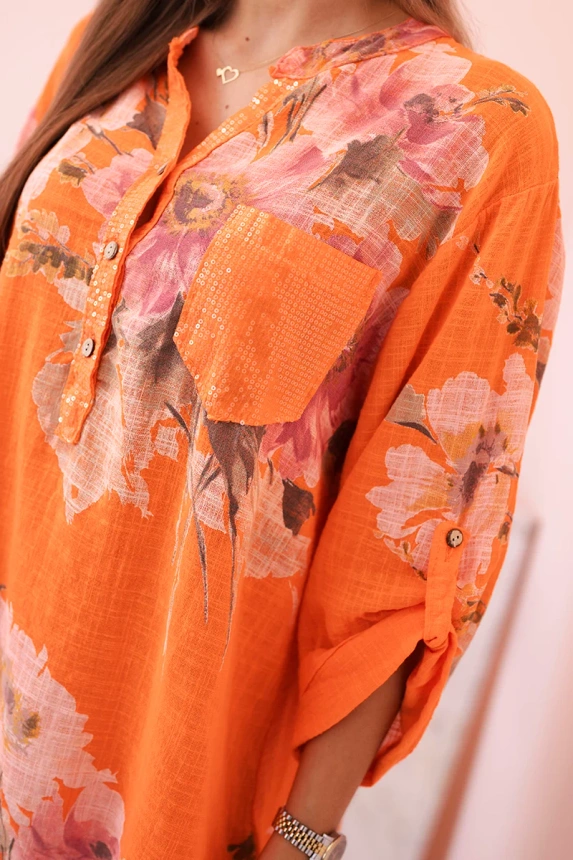 Women's cotton blouse with a floral pattern and buttons - orange