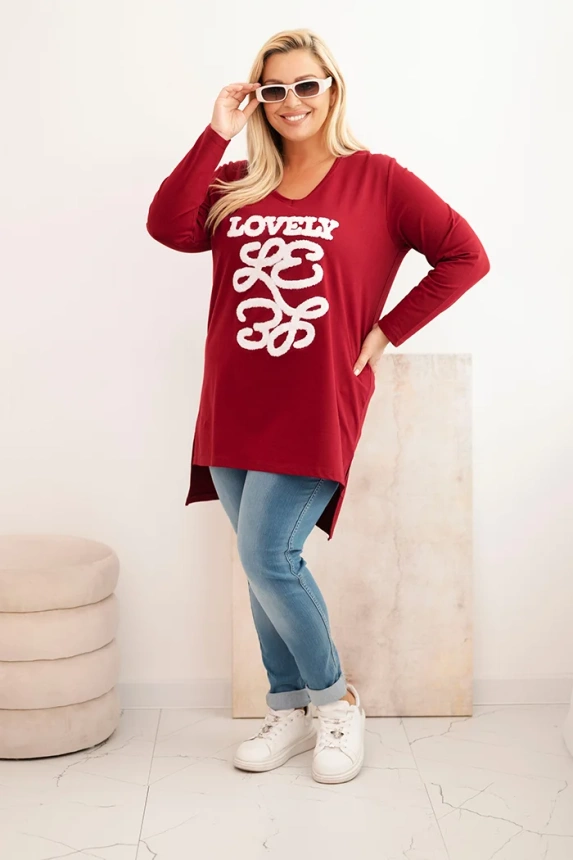 Damenbluse Plus Size aus Baumwolle mit Aufdruck und V-Ausschnitt burgunderrot