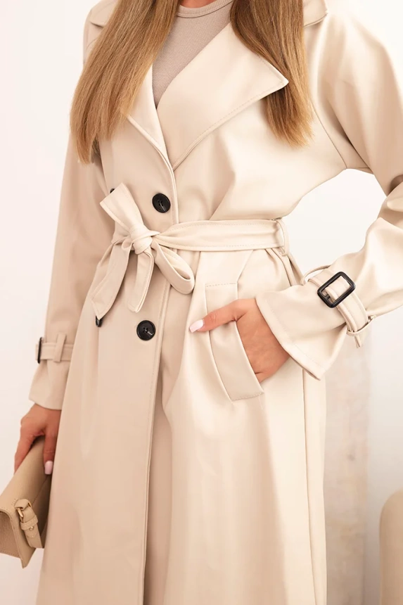 Women's eco-leather trench coat with a classic collar and a tied belt beige