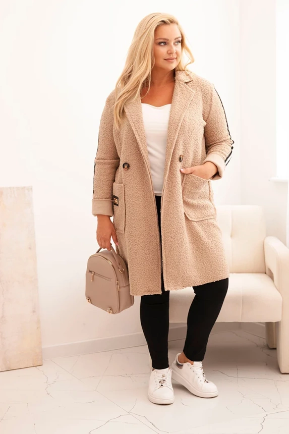 Plus Size women's coat made of faux sheepskin with pockets dark beige