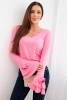 Women's ribbed blouse with a V-neck and ruffles on the sleeves light pink