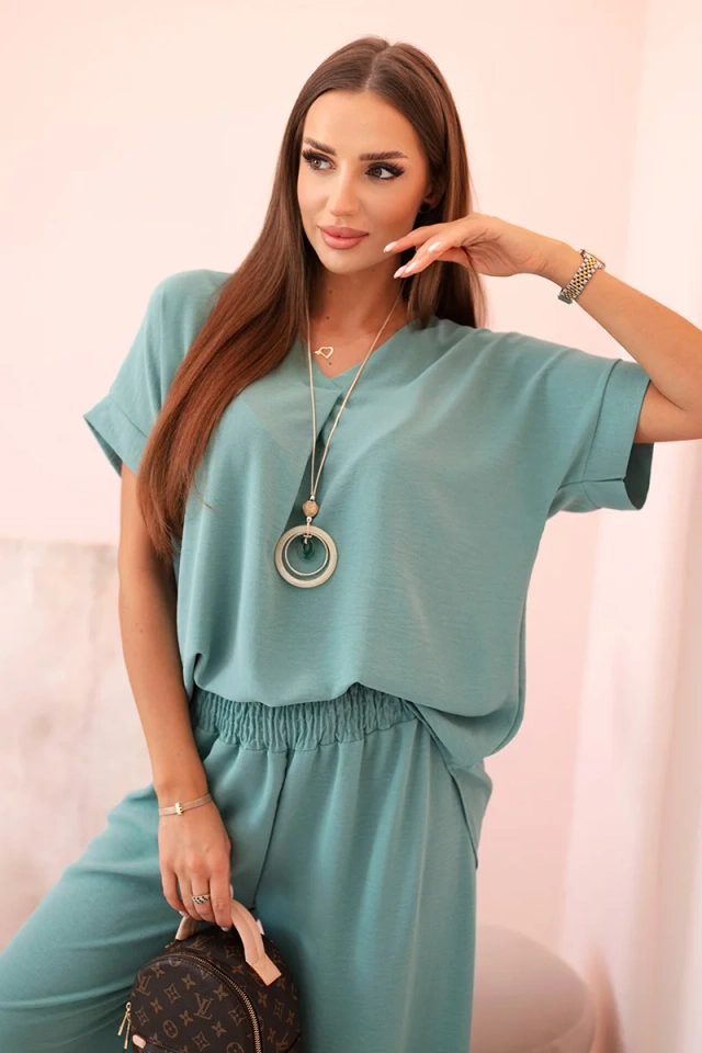 Komplet z naszyjnikiem bluzka + spodnie ciemny miętowy