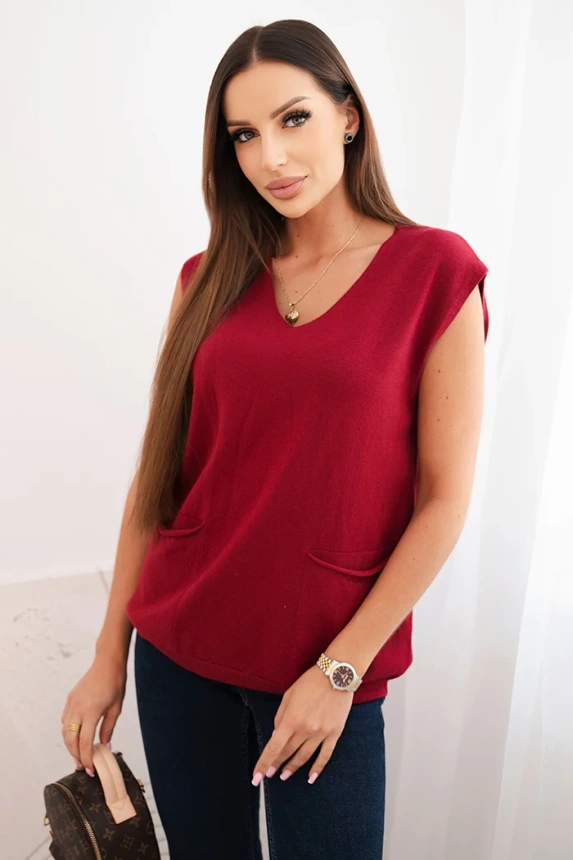 Women's sleeveless viscose sweater with pockets and a V-neck burgundy