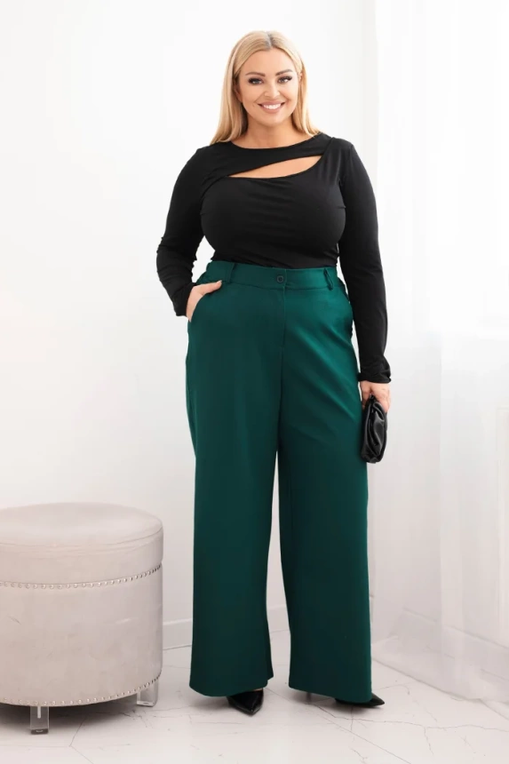 Spodnie damskie Plus Size z szeroką nogawką i elastycznym pasem ciemno zielone