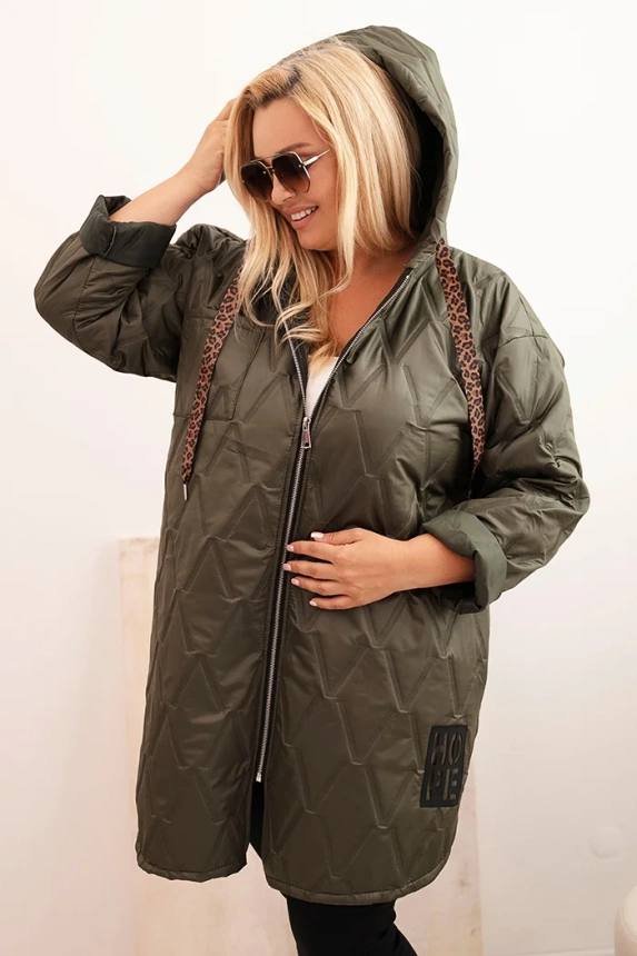 Moteriška Plus Size pūkinė striukė su kapišonu ir užrašu HOPE khaki
