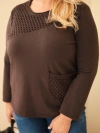 Damen Baumwollpullover Plus Size mit Spitzeneinsatz und Tasche braun
