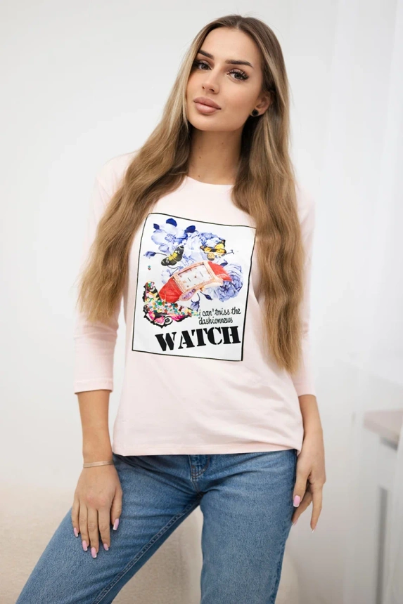 Blúzka s grafikou 3D Watch prášková ružová