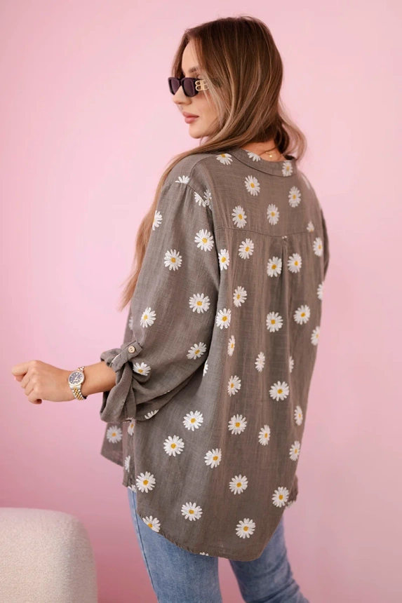 Linen Women's Blouse with Floral Pattern, Long Sleeves, and Buttons fango
