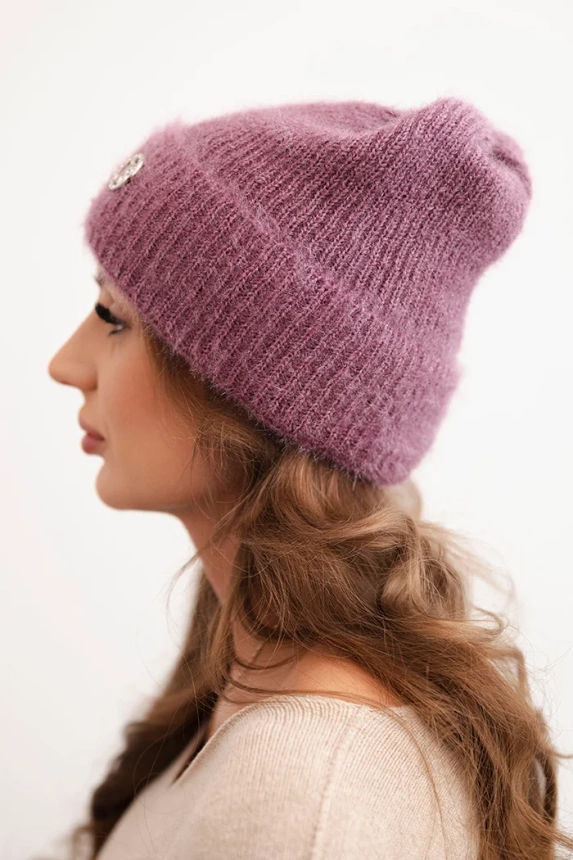 Women's winter fluffy hat with decorative button dark pink