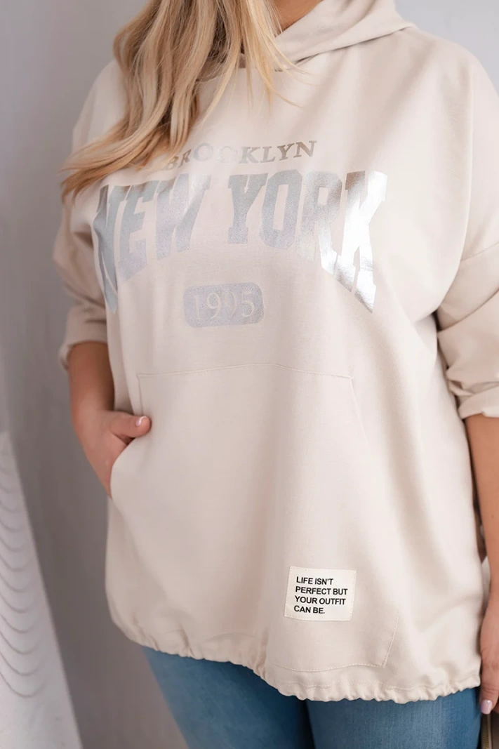 Dámska viskózová mikina Plus Size s kapucňou a klokaním vreckom bežová