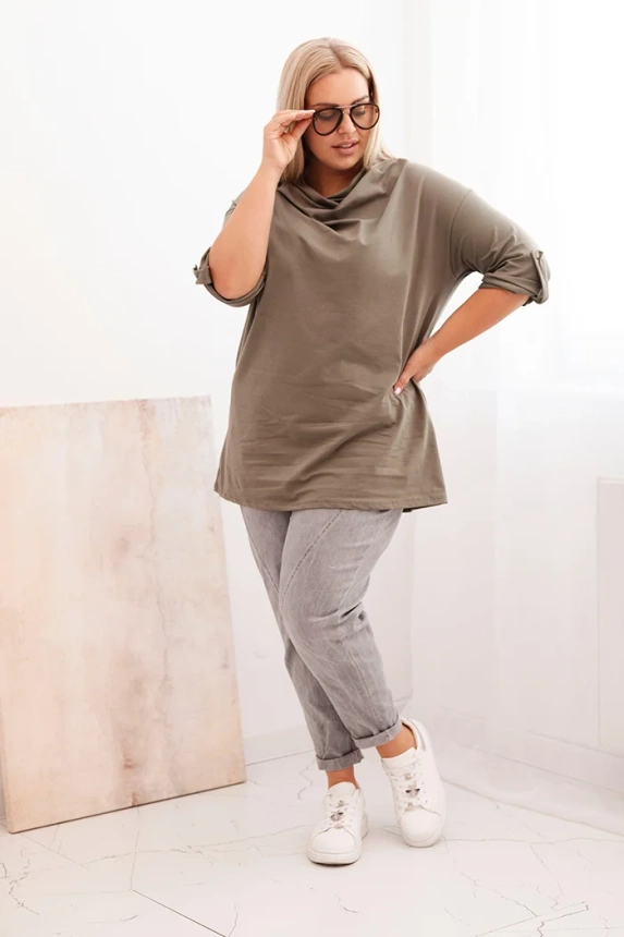 Bluzka damska Plus Size z bawełną o luźnym kroju z dekoltem wodnym khaki