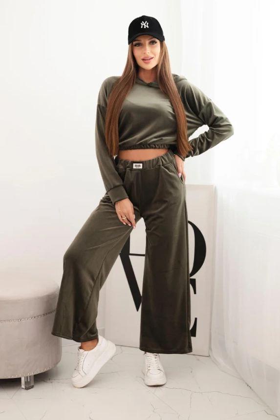 Damen Jogginganzug aus Samt mit weitem Bein und Kapuzenpullover khaki