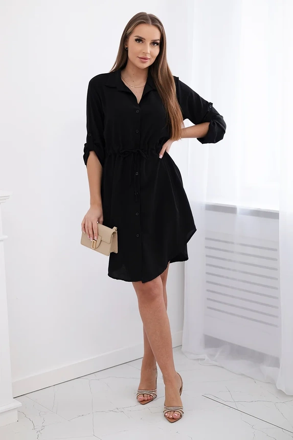 Dress with button closure and tie at the waist black