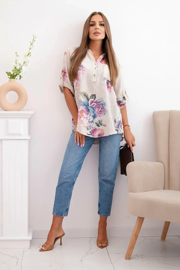 Damenbluse aus Baumwolle mit Blumenmuster beige