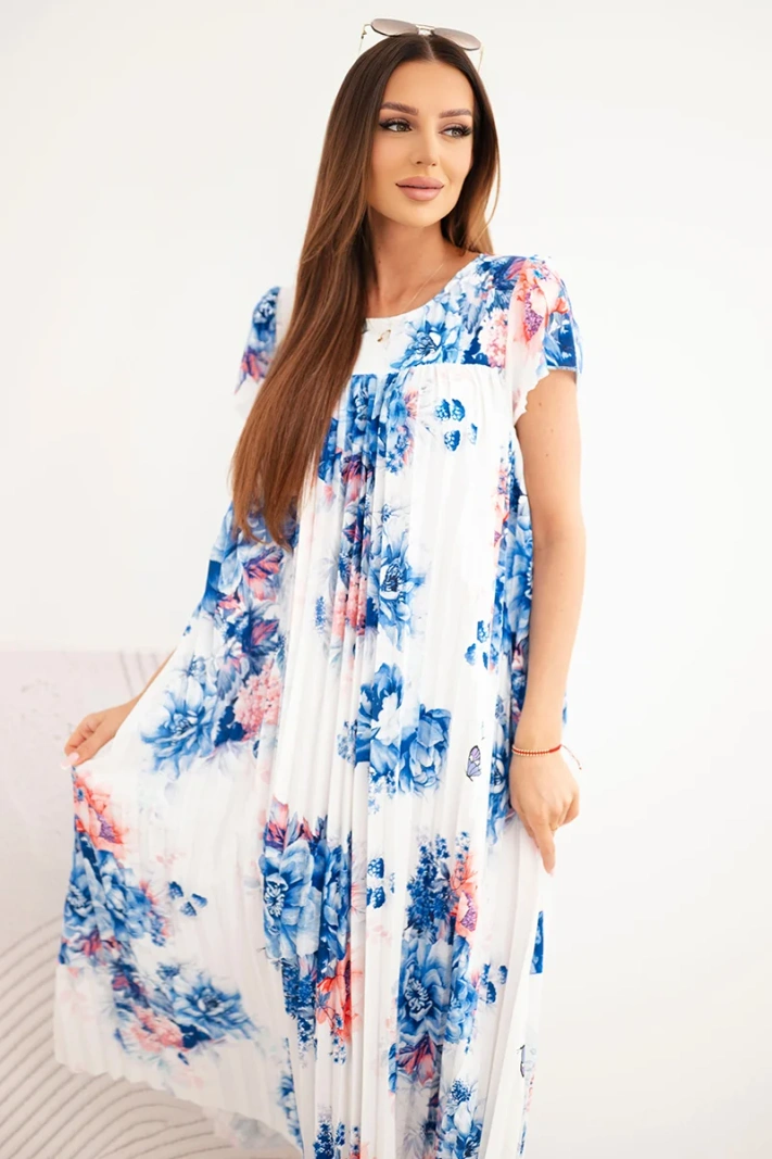 Women’s viscose floral dress with short sleeves and pockets cornflower blue + apricot