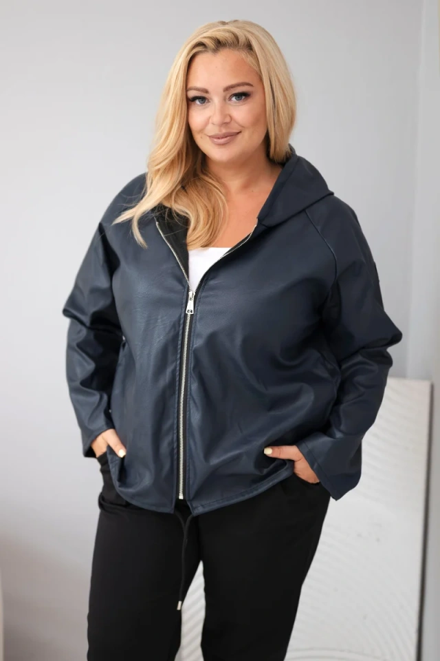 Plus Size women's jacket with hood and adjustable hem navy blue