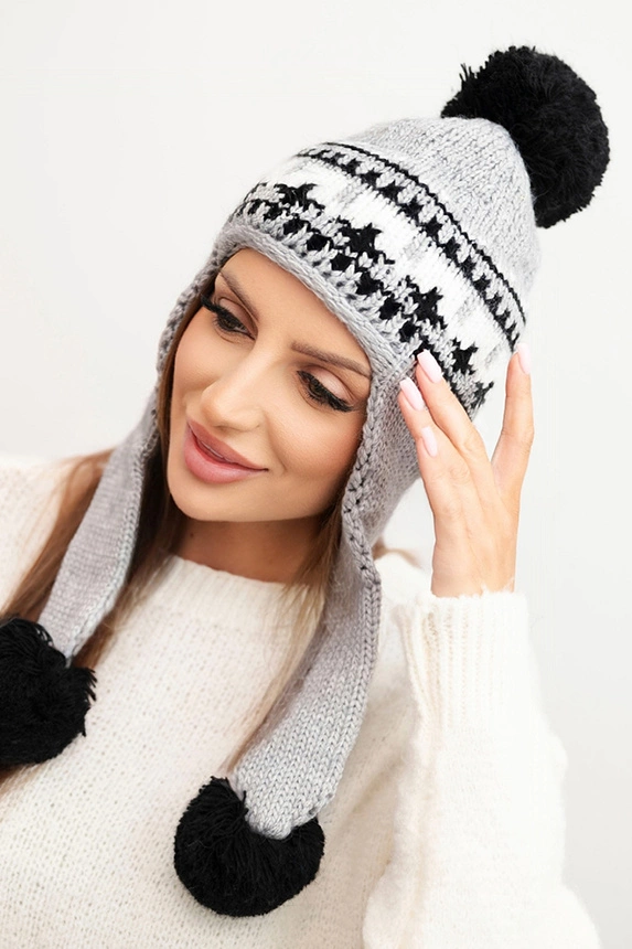 Women's winter wool hat with ear flaps and pom-poms K436 light gray