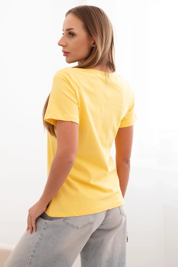 Damen Baumwollbluse mit kurzen Ärmeln und einer Applikation aus Perlen gelb