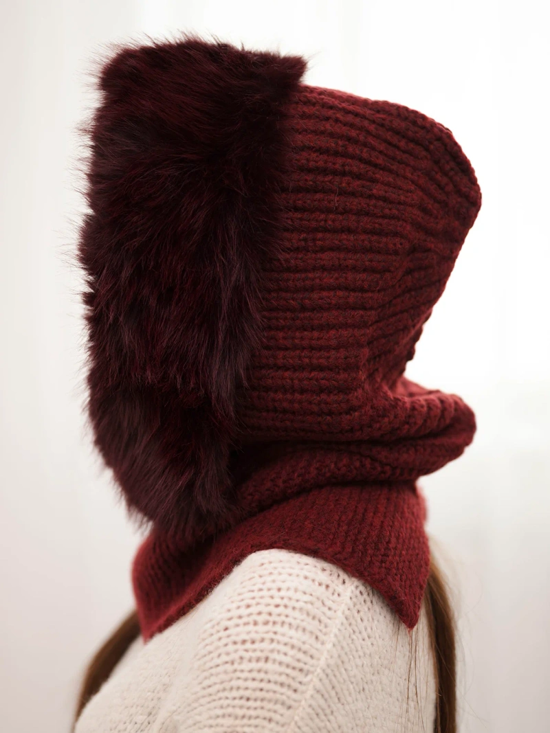 Women's knitted hood hat with fur and neck cover burgundy