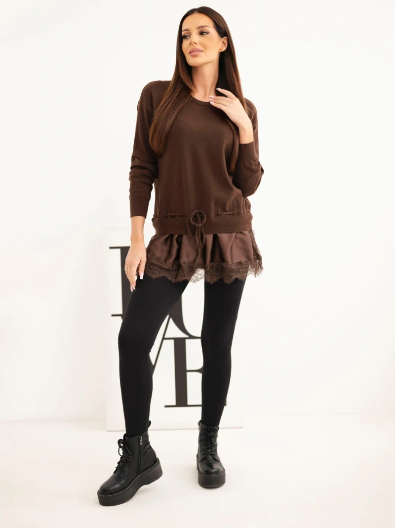 Damen Viskosepullover mit Spitzenboden und Bindung braun