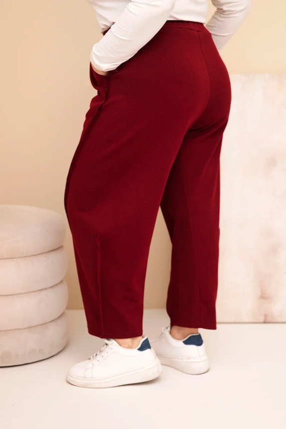 Dámské bavlněné kalhoty Plus Size volného střihu s vysokým pasem bordové