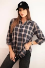 Women's cotton checkered shirt with a longer back graphite