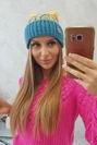Dámská čepice s bambulí Abigail K326 tyrkysová+žlutá