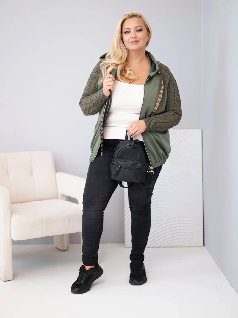 Dámska bavlnená mikina Plus Size s pletenými rukávmi a kapucňou khaki