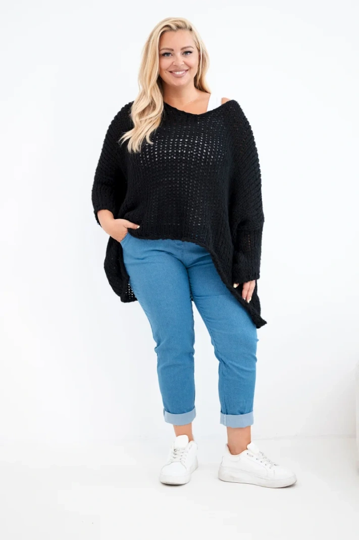 Damen Oversize Strickpullover mit V-Ausschnitt und längerem Rückenteil ajour schwarz