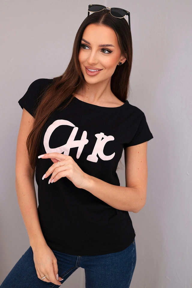 Women's cotton blouse with CHIC print black