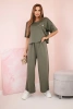 Buttery fabric set blouse with a flower + pants khaki