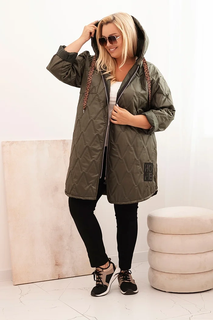 Dámská bunda Plus Size prošívaná s kapucí a nápisem HOPE khaki