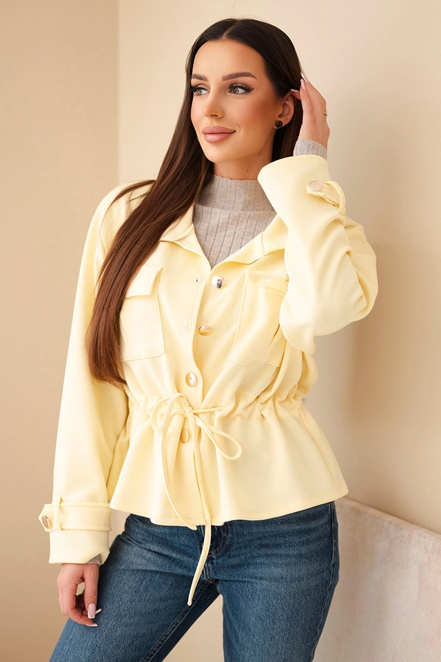 Women's zip-up butter-colored sweatshirt with a drawstring and pockets yellow
