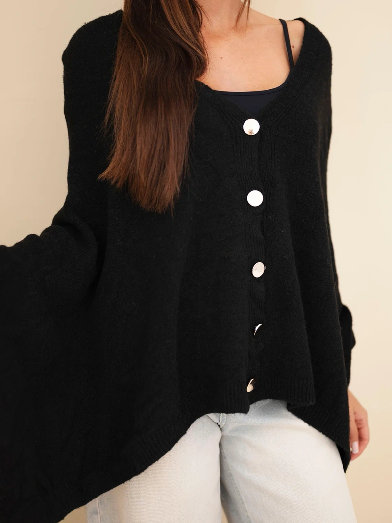 Women's poncho sweater made of baby alpaca with buttons black